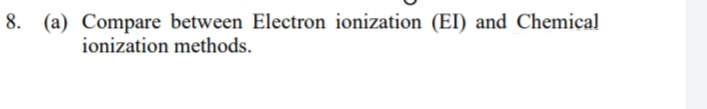 8. (a) Compare between Electron ionization (EI) and Chemical
ionization methods.
