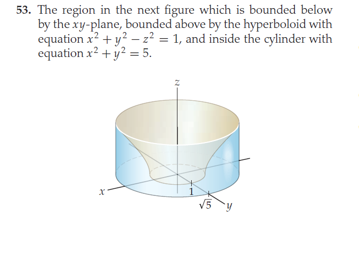 53. The region in the next figure which is bounded below
by the xy-plane, bounded above by the hyperboloid with
equation x2
equation x2 + y2 = 5.
+y? – z? = 1, and inside the cylinder with
-
1
V5
