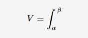 **Volume Calculation Using Definite Integrals**

The formula depicted in the image is used to calculate the volume \( V \) of a solid. It is expressed as a definite integral over a given interval from \( \alpha \) to \( \beta \):

\[ V = \int_{\alpha}^{\beta} \]

In this context:

- \( \alpha \) represents the lower bound of the interval.
- \( \beta \) represents the upper bound of the interval.

This integral is typically used to find the volume of a solid of revolution or a similar geometric shape by integrating a cross-sectional area function over the specified interval.

**Application:**

To determine the volume \( V \):
1. Identify the function that represents the area of a cross section of the solid.
2. Determine the appropriate bounds \( \alpha \) and \( \beta \).
3. Integrate the area function over the interval \([ \alpha, \beta ]\).

This powerful mathematical tool provides a precise method for calculating volumes, essential in fields such as engineering, physics, and computer graphics.