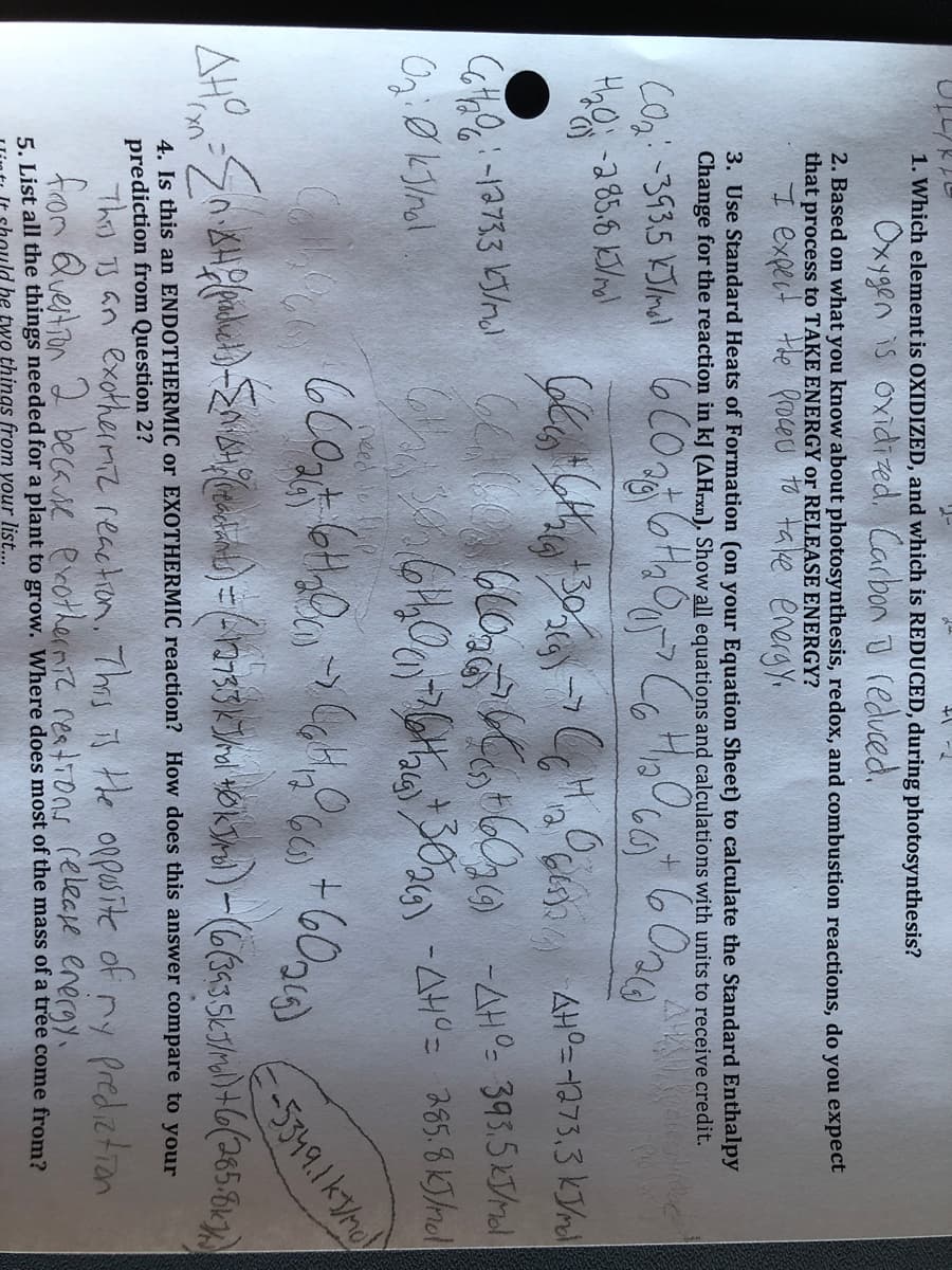 1. Which element is OXIDIZED, and which is REDUCED, during photosynthesis?
Ox ygen is oxidized. Carbon u reduced.
2. Based on what you know about photosynthesis, redox, and combustion reactions, do you expect
process to TAKE ENERGY or RELEASE ENERGY?
i expect the Proceu to take energy,
that
3. Use Standard Heats of Formation (on your Equation Sheet) to calculate the Standard Enthalpy
Change for the reaction in kJ (AHrxn), Show all equations and calculations with units to receive credit.
CO2: -343.5 KJ/mal
AHO=1273,3 k/rll
need
0,
-5349.1k3/m0
7331
UX)
4. Is this an ENDOTHERMIC or EXOTHERMIC reaction? How does this answer compare to your
prediction from Question 2?
This 73 an exothermz reaction. Thris the opposite of ny
from Questron 2 becase exothernie restions relecre energy
Predietion
5. List all the things needed for a plant to grow. Where does most of the mass of a tree come from?
ld be two things from your list...
