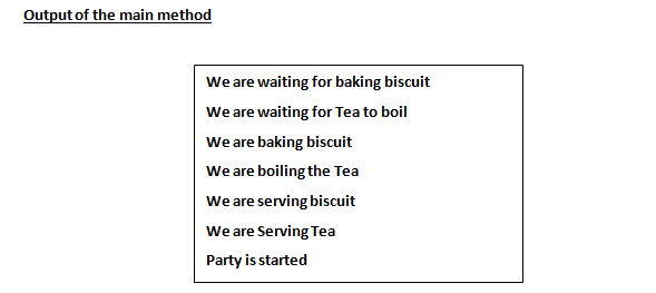 Output of the main method
We are waiting for baking biscuit
We are waiting for Tea to boil
We are baking biscuit
We are boiling the Tea
We are serving biscuit
We are Serving Tea
Party is started
