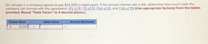 On January 1, a company agrees to pay $22,000 in eight years. If the annual interest rate is 6%, determine how much cash the
company can borrow with this agreement. (PV of $1. EV of $1. PVA of $1, and EVA of $1) (Use appropriate factor(s) from the tables
provided. Round "Table Factor" to 4 decimal places.)
Future Value
22.000
Table Factor
Amount Borrowed