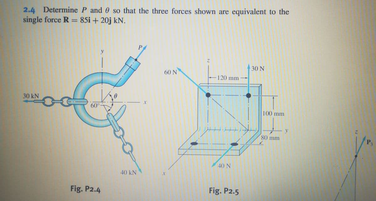 2.4
Determine P and 0 so that the three forces shown are equivalent to the
single force R = 85i + 20j kN.
P.
30 N
60 N
120 mm
30 kN
60°
100 mm
LLILLI ()8
40 N
40 kN
Fig. P2.4
Fig. P2.5
