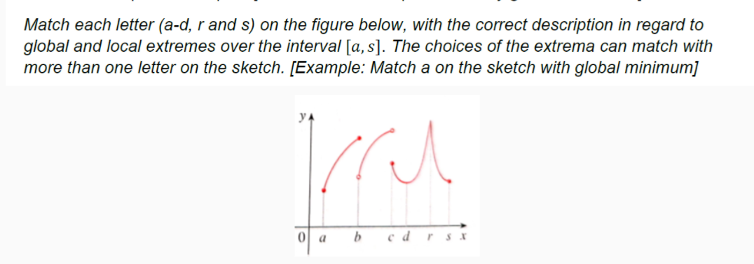 Match each letter (a-d, r and s) on the figure below, with the correct description in regard to
global and local extremes over the interval [a, s]. The choices of the extrema can match with
more than one letter on the sketch. [Example: Match a on the sketch with global minimum]
a
b
c drsxr
