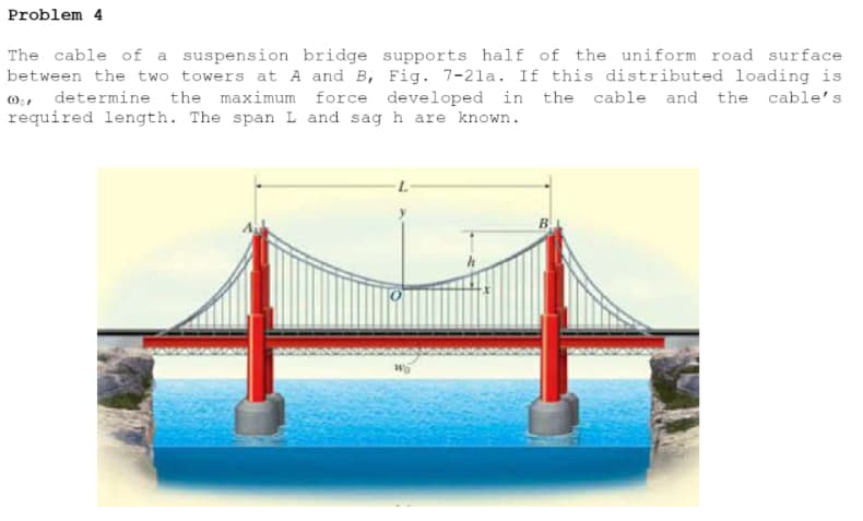 Problem 4
The cable of a suspension bridge supports half of the uniform road surface
between the two towers at A and B, Fig. 7-21a. If this distributed loading is
0,, determine the maximum force developed in the cable and the cable's
required length. The span L and sag h are known.
