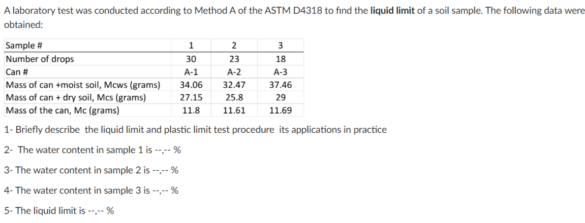 A laboratory test was conducted according to Method A of the ASTM D4318 to find the liquid limit of a soil sample. The following data were
obtained:
Sample #
Number of drops
Can #
1
30
A-1
34.06
27.15
11.8
2
23
A-2
32.47
25.8
11.61
3
18
A-3
37.46
29
11.69
Mass of can +moist soil, Mcws (grams)
Mass of can+dry soil, Mcs (grams)
Mass of the can, Mc (grams)
1- Briefly describe the liquid limit and plastic limit test procedure its applications in practice
2- The water content in sample 1 is --,-- %
3- The water content in sample 2 is --,-- %
4- The water content in sample 3 is --,-- %
5- The liquid limit is --,-- %