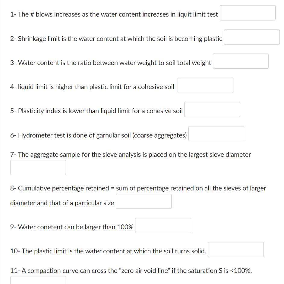 1- The # blows increases as the water content increases in liquit limit test
2- Shrinkage limit is the water content at which the soil is becoming plastic
3- Water content is the ratio between water weight to soil total weight
4- liquid limit is higher than plastic limit for a cohesive soil
5- Plasticity index is lower than liquid limit for a cohesive soil
6- Hydrometer test is done of garnular soil (coarse aggregates)
7- The aggregate sample for the sieve analysis is placed on the largest sieve diameter
8- Cumulative percentage retained = sum of percentage retained on all the sieves of larger
diameter and that of a particular size
9- Water conetent can be larger than 100%
10- The plastic limit is the water content at which the soil turns solid.
11- A compaction curve can cross the "zero air void line" if the saturation S is <100%.