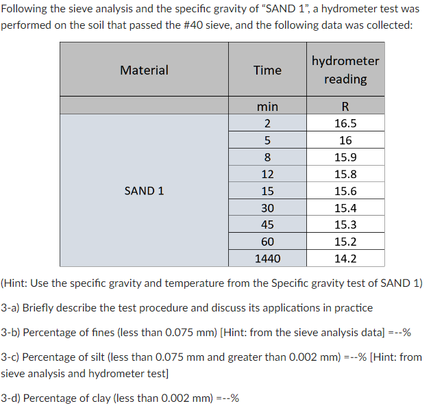 Following the sieve analysis and the specific gravity of "SAND 1", a hydrometer test was
performed on the soil that passed the #40 sieve, and the following data was collected:
Material
SAND 1
Time
min
2
UN
5
8
12
15
30
45
60
1440
hydrometer
reading
R
16.5
16
15.9
15.8
15.6
15.4
15.3
15.2
14.2
(Hint: Use the specific gravity and temperature from the Specific gravity test of SAND 1)
3-a) Briefly describe the test procedure and discuss its applications in practice
3-b) Percentage of fines (less than 0.075 mm) [Hint: from the sieve analysis data] =--%
3-c) Percentage of silt (less than 0.075 mm and greater than 0.002 mm) = --% [Hint: from
sieve analysis and hydrometer test]
3-d) Percentage of clay (less than 0.002 mm) =--%