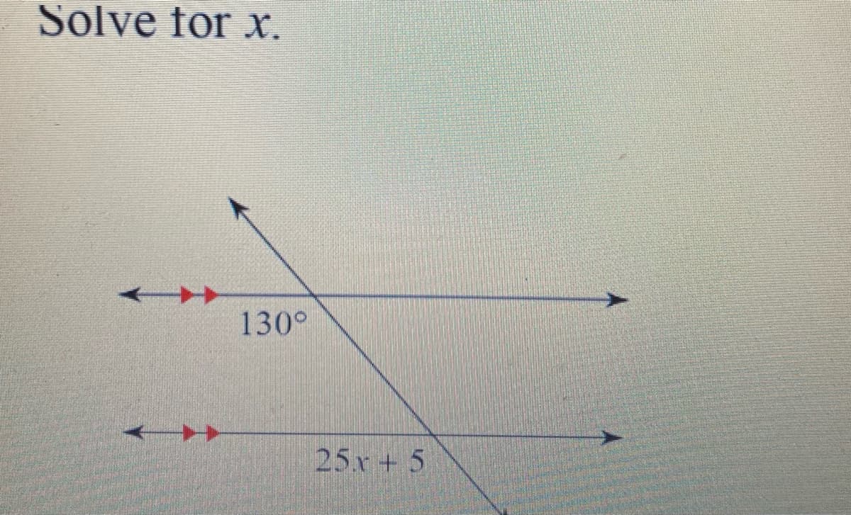 Solve for x.
130°
25 x + 5
