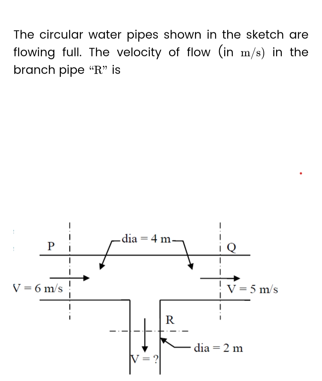 The circular water pipes shown in the sketch are
flowing full. The velocity of flow (in m/s) in the
branch pipe "R" is
1
V = 6 m/s
dia = 4 m.
R
HE....
= ?
V = 5 m/s
dia = 2 m