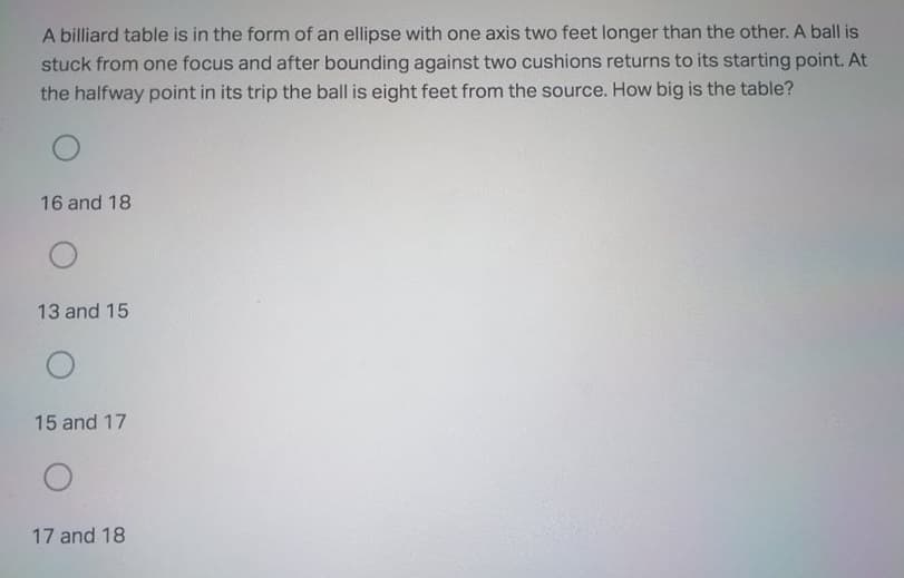 A billiard table is in the form of an ellipse with one axis two feet longer than the other. A ball is
stuck from one focus and after bounding against two cushions returns to its starting point. At
the halfway point in its trip the ball is eight feet from the source. How big is the table?
16 and 18
13 and 15
15 and 17
17 and 18
