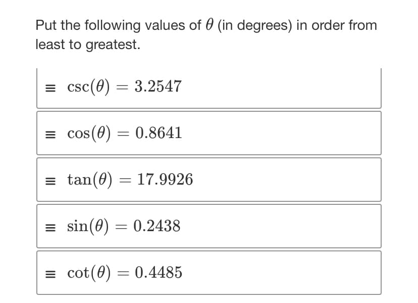 Put the following values of (in degrees) in order from
least to greatest.
= csc (0) = 3.2547
= cos(0)
= tan (0) = 17.9926
= sin(0) = 0.2438
= cot(0)
=
0.8641
= = 0.4485