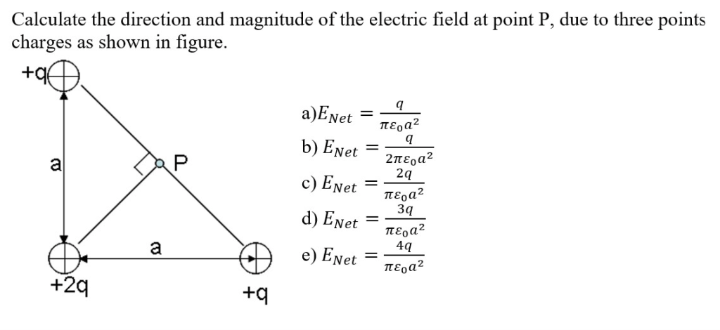 Calculate the direction and magnitude of the electric field at point P, due to three points
charges as shown in figure.
+qf
a
+29
a
+q
a) E Net
b) ENet
c) ENet
d) ENet
e) ENet
=
-
||
=
=
q
περα2
q
2περα2
2q
περα2
3q
περα2
4q
περα2