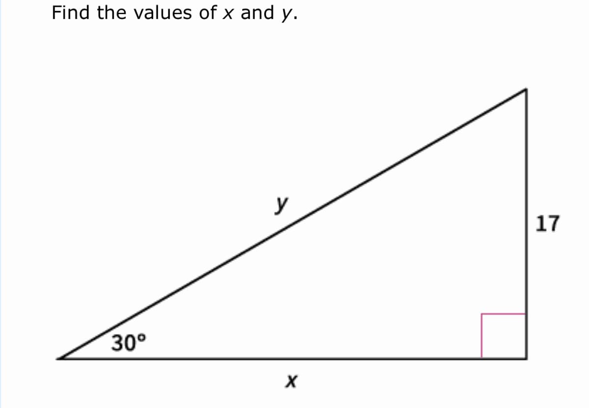 Find the values of x and y.
y
17
30°
