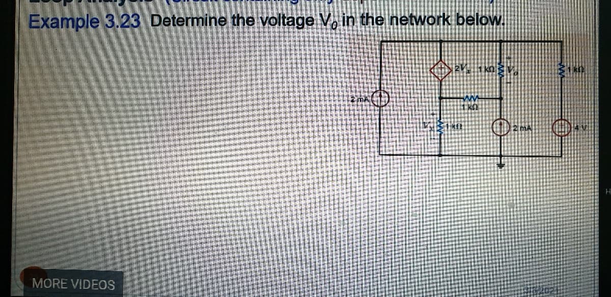 Example 3.23 Determine the voltage V, in the network below.
2 MA
MORE VIDEOS
