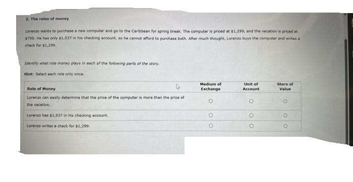 2. The roles of money
Lorenzo wants to purchase a new computer and go to the Caribbean for spring break. The computer is priced at $1,299, and the vecation is priced at
$750. He has only $1,537 in his checking account, so he cannot afford to purchase both. After much thought, Lorenzo buys the computer and writes a
check for $1,299,
Identify what role money plays in each of the following parts of the story.
Hint: Select each role only once.
Role of Money
Lorenzo can easily determine that the price of the computer is more than the price of
the vacation.
Lorenzo has $1,537 in his checking account.
Lorenzo writes a check for $1.299.
Medium of
Exchange
O
O
Unit of
Account
O
Store of
Value
O
OO