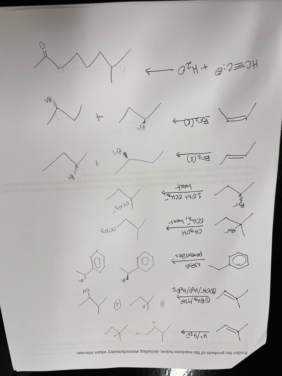 Predict the products of the reactions below, including stereochemistry where relevant:
HO
OCHs, heat
1.OM
heat
OCH3
no
