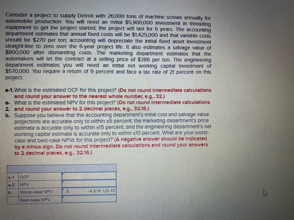Consider a project to supply Detrolt with 26,000 tons of machine screws annually for
automobile production. You will need an Initlal $5,900,000 Investment In threading
equlpment to get the project started; the project will last for 6 years. The accounting
department estimates that annual fixed costs will be $1,425,000 and that varlable costs
should be $270 per ton; accounting will depreclate the Initlal fixed asset Investment
stralght-Iline to zero over the 6-year project life. It also estimates a salvage value of
$800,000 after dismantling costs. The marketing department estimates that the
automakers will let the contract at a selling price of $386 per ton. The engineering
department estimates you will need an Initlal net working capltal Investment of
$570,000. You require a return of 9 percent and face a tax rate of 21 percent on this
project
a-1. What Is the estimated OCF for this project? (Do not round Intermedlate calculations
and round your answer to the nearest whole number, e.g., 32.)
a- What Is the estimated NPV for this project? (Do not round Intermedlate calculations
2. and round your answer to 2 declmal places, e.g., 32.16.)
b. Suppose you belleve that the accounting department's Initlal cost and salvage value
projections are accurate only to within ±5 percent; the marketing department's price
estimate is accurate only to within ±15 percent; and the engineering department's net
working capital estimate is accurate only to within ±10 percent. What are your worst-
case and best-case NPVS for this project? (A negatlve answer should be Indlcated
by a minus sign. Do not round Intermedlate calculations and round your answers
to 2 decimal places, e.g., 32.16.)
a-1.
OCF
a-2. NPV
b.
Worst-case NPV
-4.814,126.43
Best-case NPV
