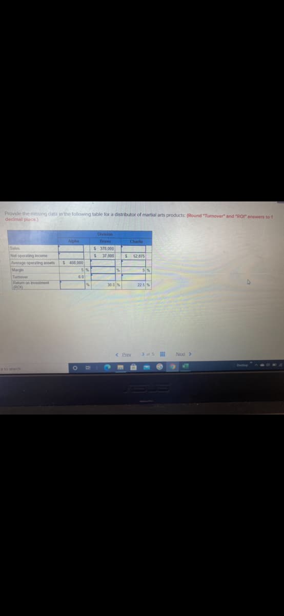 Provide the missing data in the following table for a distributor of martial arts products: (Round "Turnover" and "ROI" answers to 1
decimal plece )
Alpha
Bravo
Sales
$ 378,000
S 37 800
Net operating income
$ 52,875
S 408.000
5%
Average operating assets
Margin
Tumover
Raturn on investment
(RO)
60
30.0%
22.5 %
Prev
3 of 5 E
Next>
re to search
