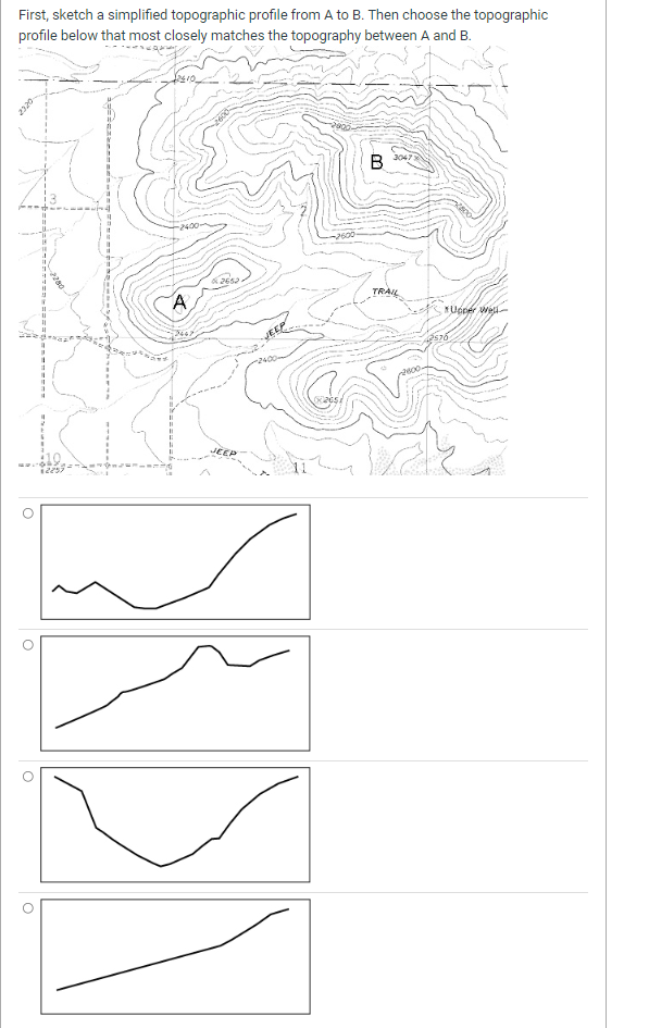 о
о
о
First, sketch a simplified topographic profile from A to B. Then choose the topographic
profile below that most closely matches the topography between A and B.
-2400-
B
3047
A
2652
TRAIL
60265
*Upper Well
2576