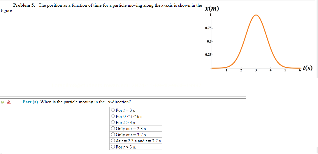 Problem 5: The position as a function of time for a particle moving along the x-axis is shown in the x(m)
1
figure.
Part (a) When is the particle moving in the -x-direction?
O Fort = 3 s
O For 0 <t <6 s
O Fort > 3 s.
O Only at t = 2.3 s
O Only at t = 3.7 s.
O At t = 2.3 s and t = 3.7 s.
For t <3 s.
0.75
0.5
0.25
t(s)