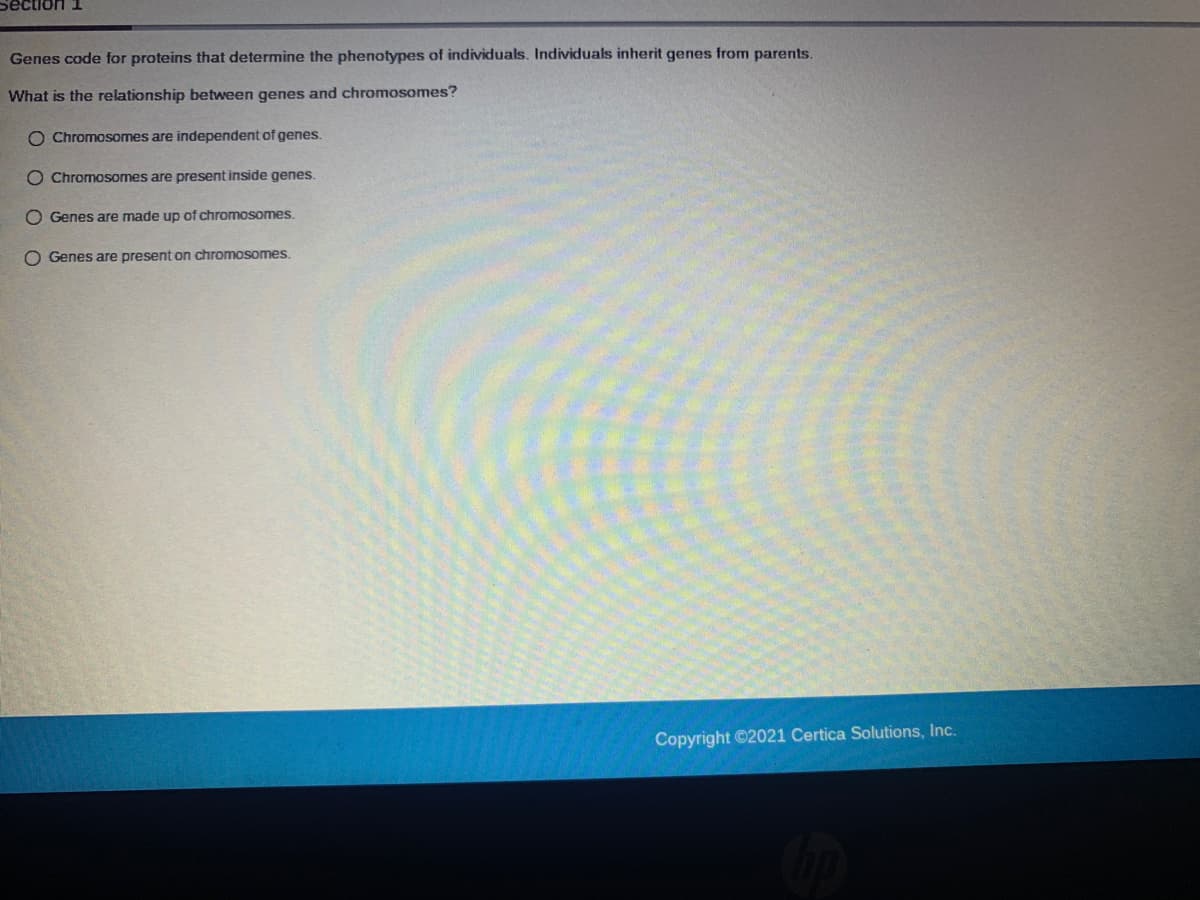 Section 1
Genes code for proteins that determine the phenotypes of individuals. Individuals inherit genes from parents.
What is the relationship between genes and chromosomes?
O Chromosomes are independent of genes.
O Chromosomes are present inside genes.
O Genes are made up of chromosomes.
O Genes are present on chromosomes.
Copyright ©2021 Certica Solutions, Inc.
