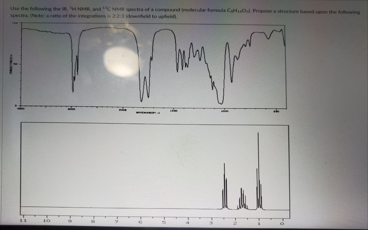 Use the following the IR, H NMR, and 1C NMR spectra of a compound (molecular formula CaH1403). Propose a structure based upon the following
spectra. (Note: a ratio of the integrations is 2:2:3 (downfield to upfield).
2008
1000
NAVENUNBERI -
11
10
8
