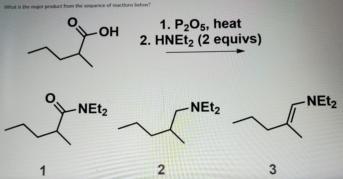 What is the major product from the sequence of reactions below?
1. P205, heat
2. HNEt, (2 equivs)
OH
NET2
NET2
NET2
1
