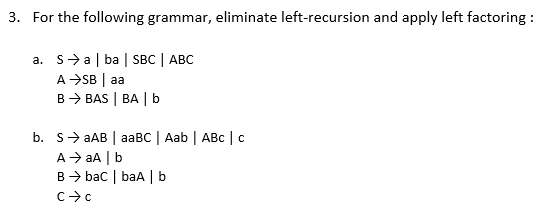 3. For the following grammar, eliminate left-recursion and apply left factoring :
a. s>a| ba | SBC | ABC
A →SB | aa
в > BAS | BA | b
b. Sy aAB | aавс | Aab | AВс | с
A > aA | b
B> bac | baa | b
