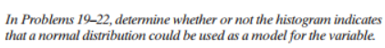 In Problems 19-22, determine whether or not the histogram indicates
that a normal distribution could be used as a model for the variable
