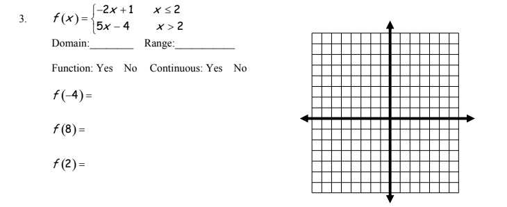 3.
f(x)=
Domain:
f(-4)=
f (8) =
-2x +1
|5x − 4
Function: Yes No Continuous: Yes No
f(2)=
x≤2
X> 2
Range: