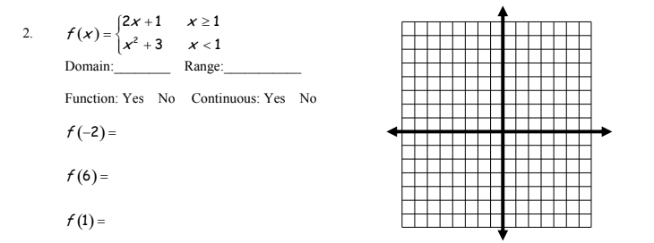 2.
(2x+1
x² + 3
f(x) =
Domain:
Function: Yes No Continuous: Yes No
f(-2)=
f (6) =
f(1) =
x ≥1
x < 1
Range: