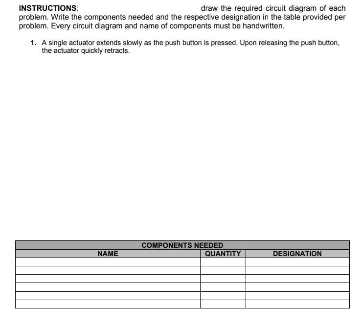 INSTRUCTIONS:
problem. Write the components needed and the respective designation in the table provided per
problem. Every circuit diagram and name of components must be handwritten.
draw the required circuit diagram of each
1. A single actuator extends slowly as the push button is pressed. Upon releasing the push button,
the actuator quickly retracts.
COMPONENTS NEEDED
NAME
QUANTITY
DESIGNATION
