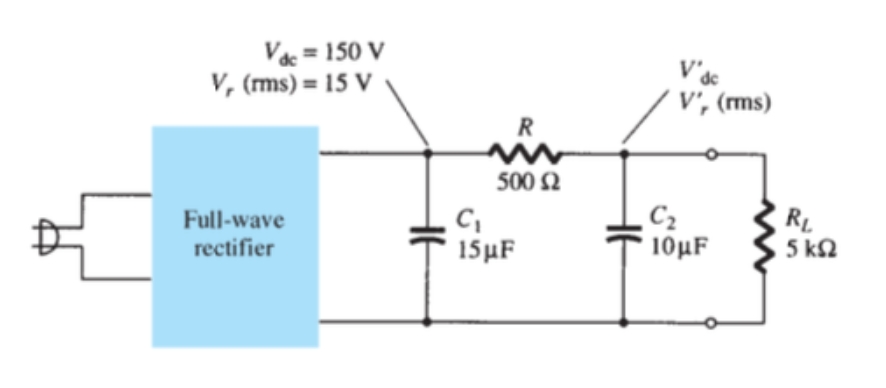 Vác = 150 V
V, (ms) = 15 V
de
V', (ms)
R
500 2
Full-wave
rectifier
C2
10μF
RL
5 kN
15μF
