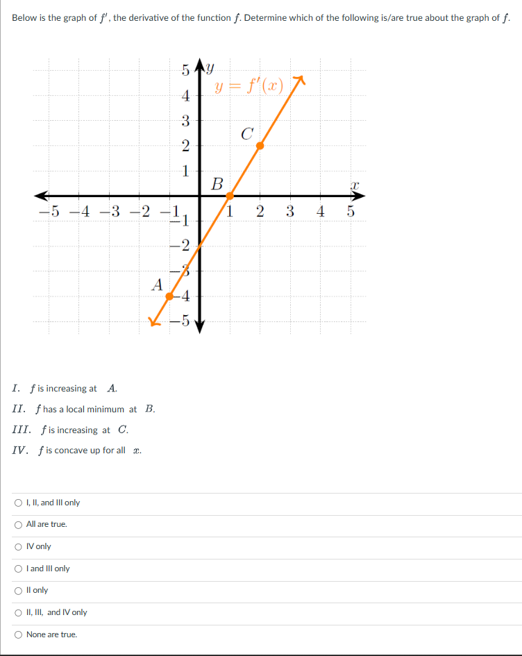 Below is the graph of f', the derivative of the function f. Determine which of the following is/are true about the graph of f.
-5 -4 -3 -2 1
I. f is increasing at A.
II. f has a local minimum at B.
III. f is increasing at C.
IV. f is concave up for all x.
O I, II, and III only
All are true.
IV only
I and III only
II only
O II, III, and IV only
A
None are true.
5 Ay
4
3
2
1
-2
-4
-5
Y
B
1
= f'(x)
C
2
3
X
4 5