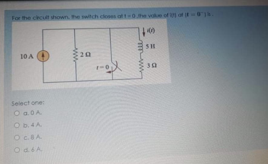 For the circuit shown, the switch closes at t = 0 the value of ilt) at (t= 0)is.
i(1)
5H
10 A
t=0
3Ω
Select one:
O a.0 A.
O b. 4 A.
O c.8 A.
O d. 6 A.
wwel
