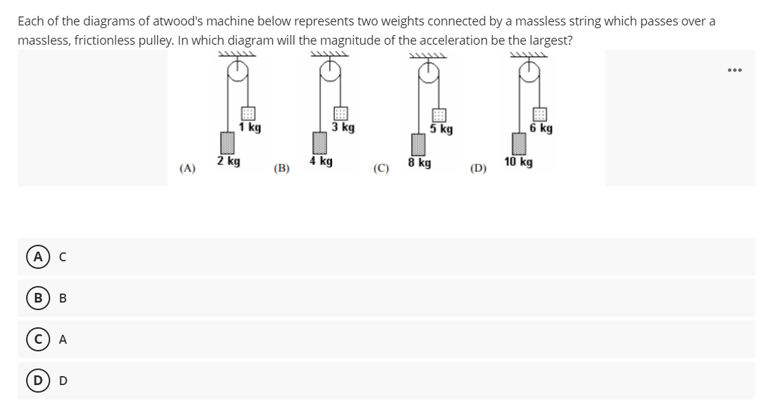 Each of the diagrams of atwood's machine below represents two weights connected by a massless string which passes over a
massless, frictionless pulley. In which diagram will the magnitude of the acceleration be the largest?
...
1 kg
3 kg
5 kg
6 kg
2 kg
4 kg
8 kg
10 kg
(A)
(B)
(C)
(D)
A) C
в) в
A
D
