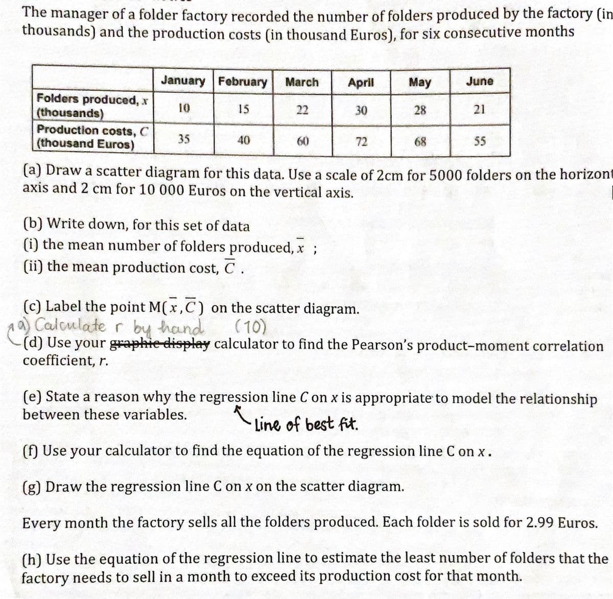 The manager of a folder factory recorded the number of folders produced by the factory (in
thousands) and the production costs (in thousand Euros), for six consecutive months
Folders produced,
(thousands)
Production costs, C
(thousand Euros)
January February
15
35
March
22
April
30
(b) Write down, for this set of data
(i) the mean number of folders produced, x ;
(ii) the mean production cost, C.
72
May
28
68
June
21
55
(a) Draw a scatter diagram for this data. Use a scale of 2cm for 5000 folders on the horizont
axis and 2 cm for 10 000 Euros on the vertical axis.
(c) Label the point M(x, C) on the scatter diagram.
a) Calculate r by hand
(10)
(d) Use your graphie display calculator to find the Pearson's product-moment correlation
coefficient, r.
(e) State a reason why the regression line C on x is appropriate to model the relationship
between these variables.
* Line of best fit.
(f) Use your calculator to find the equation of the regression line C on x.
(g) Draw the regression line C on x on the scatter diagram.
Every month the factory sells all the folders produced. Each folder is sold for 2.99 Euros.
(h) Use the equation of the regression line to estimate the least number of folders that the
factory needs to sell in a month to exceed its production cost for that month.