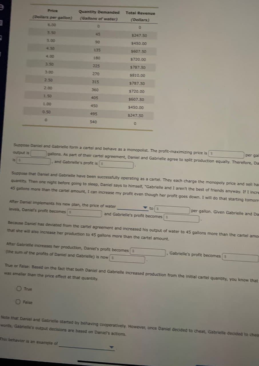 Price
(Dollars per gallon)
Quantity Demanded
(Gallons of water)
Total Revenue
6.00
(Dollars)
0
5.50
45
$247.50
5.00
90
$450.00
4.50
135
$607.50
4.00
180
$720.00
3.50
225
$787.50
3.00
270
$810.00
2.50
315
$787.50
2.00
360
$720.00
1.50
405
$607.50
1.00
450
$450.00
0.50
495
$247.50
0
540
Suppose Daniel and Gabrielle form a cartel and behave as a monopolist. The profit-maximizing price is
output is
gallons. As part of their cartel agreement, Daniel and Gabrielle agree to split production equally. Therefore, Da
per ga
and Gabrielle's profit is s
is
Suppose that Daniel and Gabrielle have been successfully operating as a cartel. They each charge the monopoly price and sell ha
quantity. Then one night before going to sleep, Daniel says to himself, "Gabrielle and I aren't the best of friends anyway. If I incre
45 gallons more than the cartel amount, I can increase my profit even though her profit goes down. I will do that starting tomom
to s
per gallon. Given Gabrielle and Da
and Gabrielle's profit becomes s
After Daniel implements his new plan, the price of water
levels, Daniel's profit becomes s
Because Daniel has deviated from the cartel agreement and increased his output of water to 45 gallons more than the cartel amo
that she will also increase her production to 45 gallons more than the cartel amount.
After Gabrielle increases her production, Daniel's profit becomes s
(the sum of the profits of Daniel and Gabrielle) is now s
Gabrielle's profit becomes
True or False: Based on the fact that both Daniel and Gabrielle increased production from the initial cartel quantity, you know that
was smaller than the price effect at that quantity.
True
False
Note that Daniel and Gabrielle started by behaving cooperatively. However, once Daniel decided to cheat, Gabrielle decided to chea
words, Gabrielle's output decisions are based on Daniel's actions.
This behavior is an example of