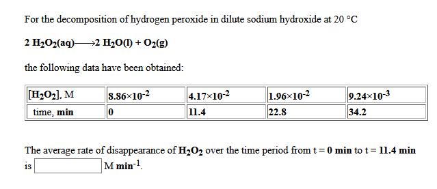 For the decomposition of hydrogen peroxide in dilute sodium hydroxide at 20 °C
2 H202(aq)2 H20(1) + O2(g)
the following data have been obtained:
[H2O2], M
4.17x10-2
11.4
8.86x10-2
9.24x10-3
1.96×102
22.8
time, min
34.2
The average rate of disappearance of H,02 over the time period from t= 0 min to t= 11.4 min
1s
M min-1.
