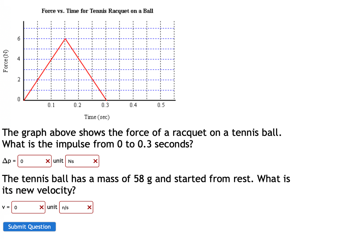 Force (N)
st
Force vs. Time for Tennis Racquet on a Ball
0
0.1
0.2
0.3
0.4
0.5
Time (sec)
The graph above shows the force of a racquet on a tennis ball.
What is the impulse from 0 to 0.3 seconds?
Ap = 0
☑ unit Ns
✓
The tennis ball has a mass of 58 g and started from rest. What is
its new velocity?
V = 0
☑ unit n/s
✓
Submit Question