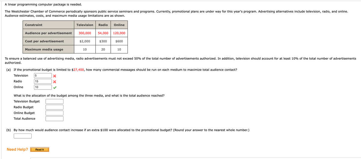 A linear programming computer package is needed.
The Westchester Chamber of Commerce periodically sponsors public service seminars and programs. Currently, promotional plans are under way for this year's program. Advertising alternatives include television, radio, and online.
Audience estimates, costs, and maximum media usage limitations are as shown.
Constraint
Audience per advertisement
Radio
Online
Cost per advertisement
Maximum media usage
5
15
10
Radio Budget
Online Budget
Total Audience
Television Radio Online
Need Help?
300,000 54,000 120,000
X
$2,000
To ensure a balanced use of advertising media, radio advertisements must not exceed 50% of the total number of advertisements authorized. In addition, television should account for at least 10% of the total number of advertisements
authorized.
Read It
10
(a) If the promotional budget is limited to $27,400, how many commercial messages should be run on each medium to maximize total audience contact?
Television
$300
20
$600
10
What is the allocation of the budget among the three media, and what is the total audience reached?
Television Budget
(b) By how much would audience contact increase if an extra $100 were allocated to the promotional budget? (Round your answer to the nearest whole number.)