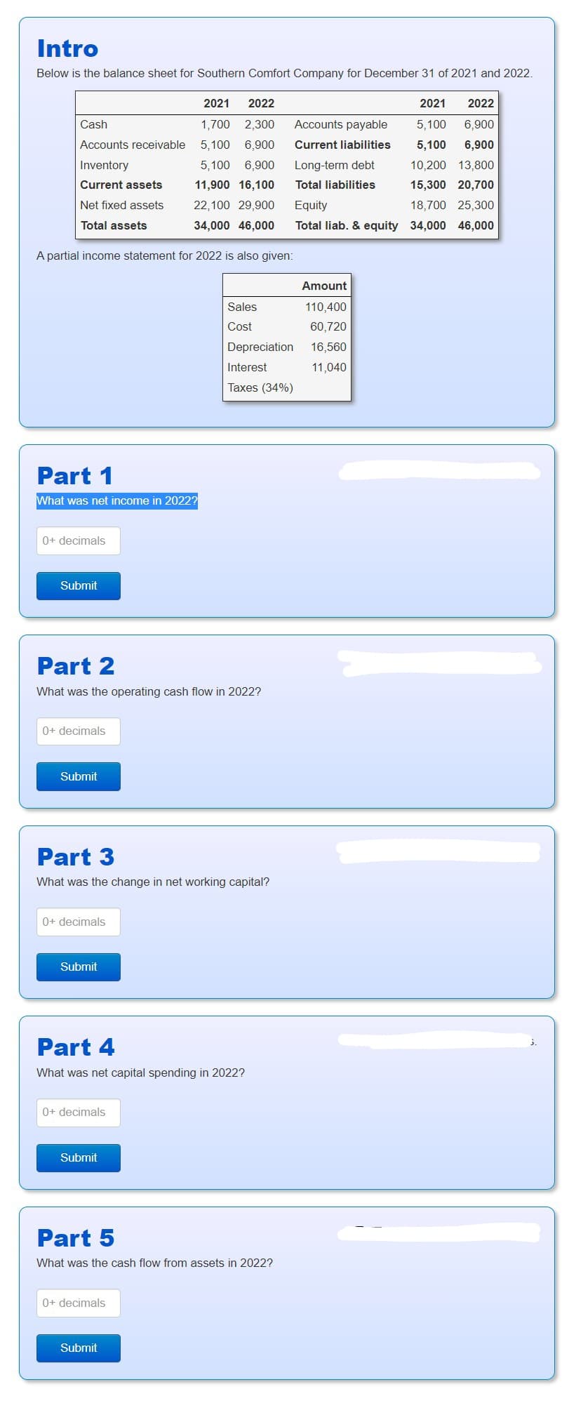 Intro
Below is the balance sheet for Southern Comfort Company for December 31 of 2021 and 2022.
Cash
Accounts receivable
Inventory
Current assets
Net fixed assets
Total assets
A partial income statement for 2022 is also given:
Part 1
What was net income in 2022?
0+ decimals
Submit
0+ decimals
Submit
Part 2
What was the operating cash flow in 2022?
0+ decimals
Submit
2021 2022
1,700 2,300
5,100 6,900
5,100 6,900
11,900 16,100
22,100 29,900
34,000 46,000
Part 3
What was the change in net working capital?
0+ decimals
Submit
Sales
Cost
Part 4
What was net capital spending in 2022?
Depreciation
Interest
Taxes (34%)
0+ decimals
Submit
Part 5
What was the cash flow from assets in 2022?
2021
2022
Accounts payable
5,100
6,900
Current liabilities
5,100 6,900
Long-term debt
10,200 13,800
15,300 20,700
Total liabilities
Equity
18,700 25,300
Total liab. & equity 34,000 46,000
Amount
110,400
60,720
16,560
11,040