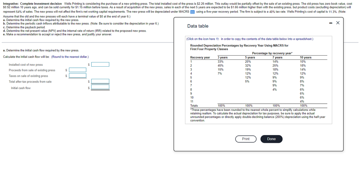 Integrative: Complete Investment decision Wells Printing is considering the purchase of a new printing press. The total installed cost of the press is $2.26 million. This outlay would be partially offset by the sale of an existing press. The old press has zero book value, cost
$0.92 million 10 years ago, and can be sold currently for $1.15 million before taxes. As a result of acquisition of the new press, sales in each of the next 5 years are expected to be $1.66 million higher than with the existing press, but product costs (excluding depreciation) will
represent 54% of sales. The new press will not affect the firm's net working capital requirements. The new press will be depreciated under MACRS using a five-year recovery period. The firm is subject to a 40% tax rate. Wells Printing's cost of capital is 11.3%. (Note:
Assume that the old and the new presses will each have a terminal value of $0 at the end of year 6.)
a. Determine the initial cash flow required by the new press.
b. Determine the periodic cash inflows attributable to the new press. (Note: Be sure to consider the depreciation in year 6.)
c. Determine the payback period.
d. Determine the net present value (NPV) and the internal rate of return (IRR) related to the proposed new press.
e. Make a recommendation to accept or reject the new press, and justify your answer.
a. Determine the initial cash flow required by the new press.
Calculate the initial cash flow will be: (Round to the nearest dollar.)
Installed cost of new press
Proceeds from sale of existing press
Taxes on sale of existing press
Total after-tax proceeds from sale
Initial cash flow
$
$
$
$
$
Data table
(Click on the icon here in order to copy the contents of the data table below into a spreadsheet.)
Rounded Depreciation Percentages by Recovery Year Using MACRS for
First Four Property Classes
Recovery year
1
2
3
4
5
6
7
3 years
33%
45%
15%
7%
8
9
10
11
5 years
20%
32%
19%
12%
12%
5%
Percentage by recovery year*
7 years
Print
14%
25%
18%
12%
9%
9%
9%
4%
6%
6%
6%
4%
100%
100%
100%
100%
Totals
*These percentages have been rounded to the nearest whole percent to simplify calculations while
retaining realism. To calculate the actual depreciation for tax purposes, be sure to apply the actual
unrounded percentages or directly apply double-declining balance (200%) depreciation using the half-year
convention.
10 years
10%
18%
14%
12%
9%
8%
7%
Done
-
X