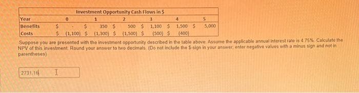 Investment Opportunity Cash Flows in $
1
3
1,100 $
(500) $
Suppose you are presented with the investment opportunity described in the table above Assume the applicable annual interest rate is 4.75% Calculate the
NPV of this investment. Round your answer to two decimals (Do not include the S-sign in your answer, enter negative values with a minus sign and not in
parentheses)
Year
Benefits
Costs
2731.16
0
$
$
350 $
$ (1,100) $ (1,300) $
2
500 $
(1,500) $
4
1,500 $
(400)
5
5,000