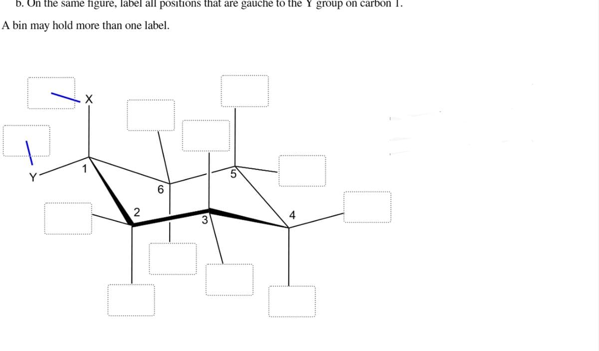 b. On the same figure, label all positions that are gauche to the Y group on carbon 1.
A bin may hold more than one label.
#
4