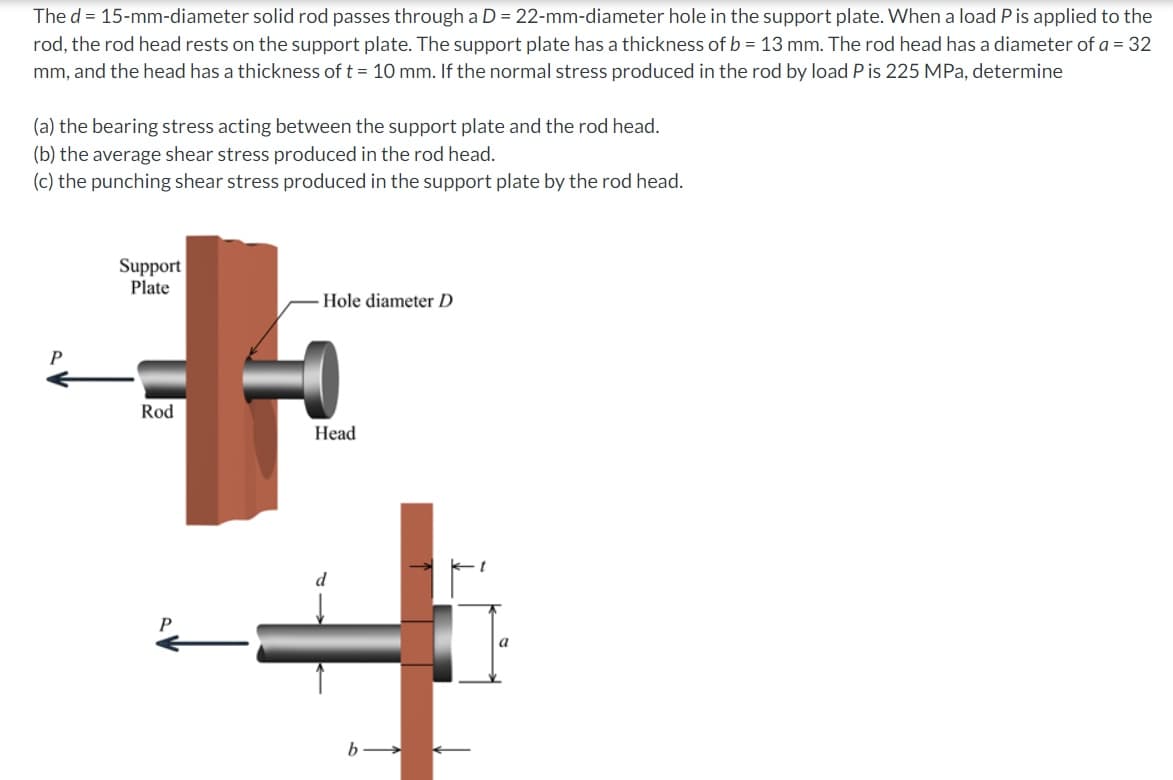 The d = 15-mm-diameter solid rod passes through a D = 22-mm-diameter hole in the support plate. When a load Pis applied to the
rod, the rod head rests on the support plate. The support plate has a thickness of b = 13 mm. The rod head has a diameter of a = 32
mm, and the head has a thickness of t = 10 mm. If the normal stress produced in the rod by load P is 225 MPa, determine
(a) the bearing stress acting between the support plate and the rod head.
(b) the average shear stress produced in the rod head.
(c) the punching shear stress produced in the support plate by the rod head.
Support
Plate
Hole diameter D
P
Rod
Head
a
