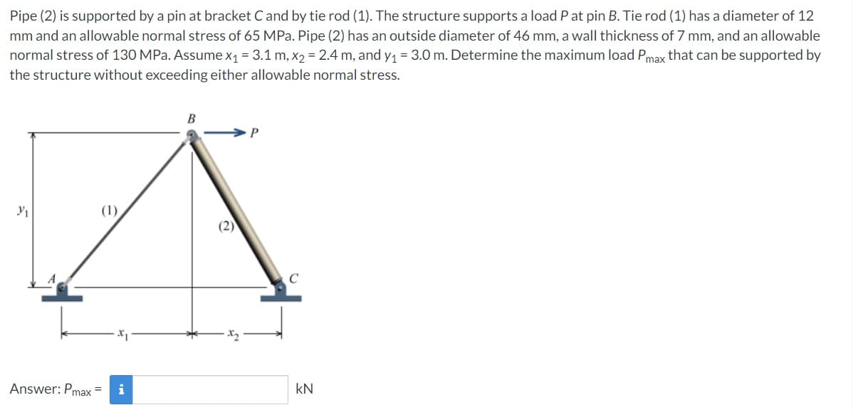 Pipe (2) is supported by a pin at bracket C and by tie rod (1). The structure supports a load P at pin B. Tie rod (1) has a diameter of 12
mm and an allowable normal stress of 65 MPa. Pipe (2) has an outside diameter of 46 mm, a wall thickness of 7 mm, and an allowable
normal stress of 130 MPa. Assume x1 = 3.1 m, x2 = 2.4 m, and y, = 3.0 m. Determine the maximum load Pmax that can be supported by
the structure without exceeding either allowable normal stress.
B
(1)
(2)
C
Answer: Pmax =
i
kN
