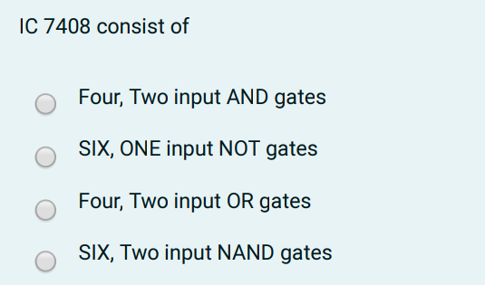 IC 7408 consist of
Four, Two input AND gates
SIX, ONE input NOT gates
Four, Two input OR gates
SIX, Two input NAND gates
