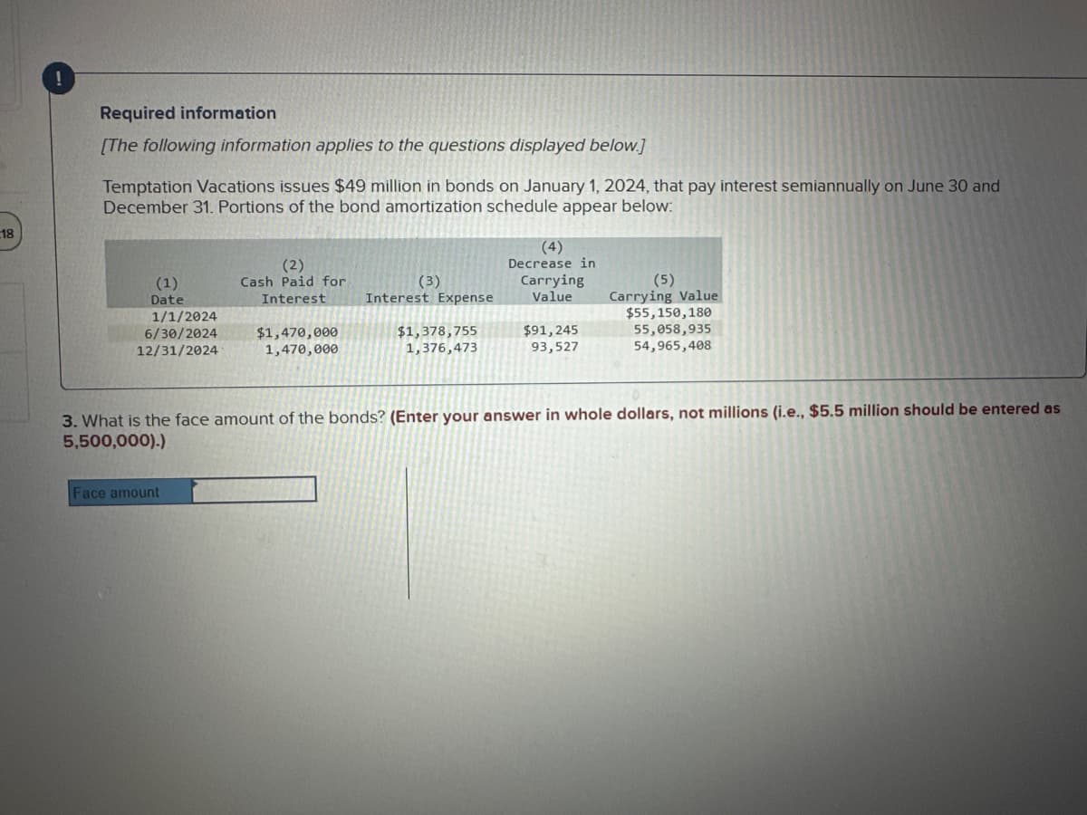 18
Required information
[The following information applies to the questions displayed below.]
Temptation Vacations issues $49 million in bonds on January 1, 2024, that pay interest semiannually on June 30 and
December 31. Portions of the bond amortization schedule appear below:
(1)
Date
1/1/2024
6/30/2024
12/31/2024
(2)
Cash Paid for
Interest
Face amount
$1,470,000
1,470,000
(3)
Interest Expense
$1,378,755
1,376,473
(4)
Decrease in
Carrying
Value
$91,245
93,527
(5)
Carrying Value
$55,150, 180
55,058,935
54,965,408
3. What is the face amount of the bonds? (Enter your answer in whole dollars, not millions (i.e., $5.5 million should be entered as
5,500,000).)